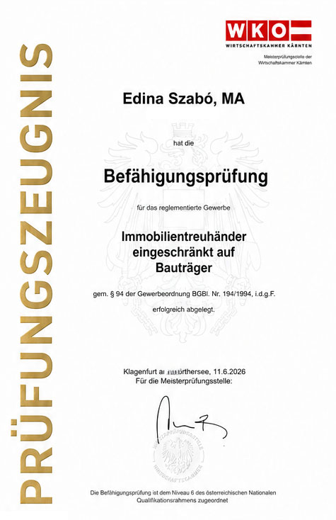 Befähigungsprüfung der Wirtschaftskammer Österreich für das reglementierte Gewerbe Bauträger – Prüfungszeugnis von Edina Szabó.
