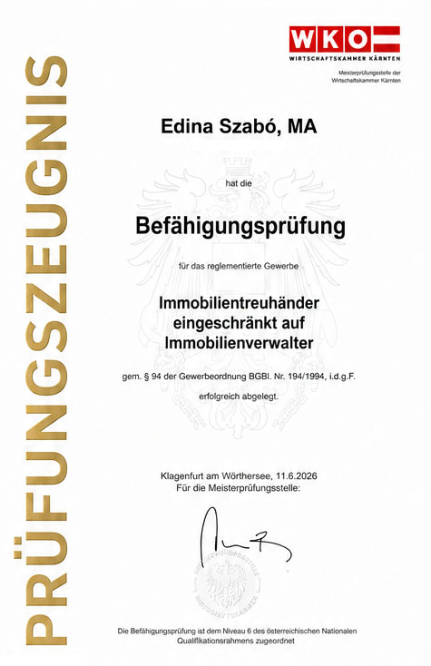 Befähigungsprüfung der Wirtschaftskammer Österreich für das reglementierte Gewerbe Immobilienverwalter – Prüfungszeugnis von Edina Szabó.